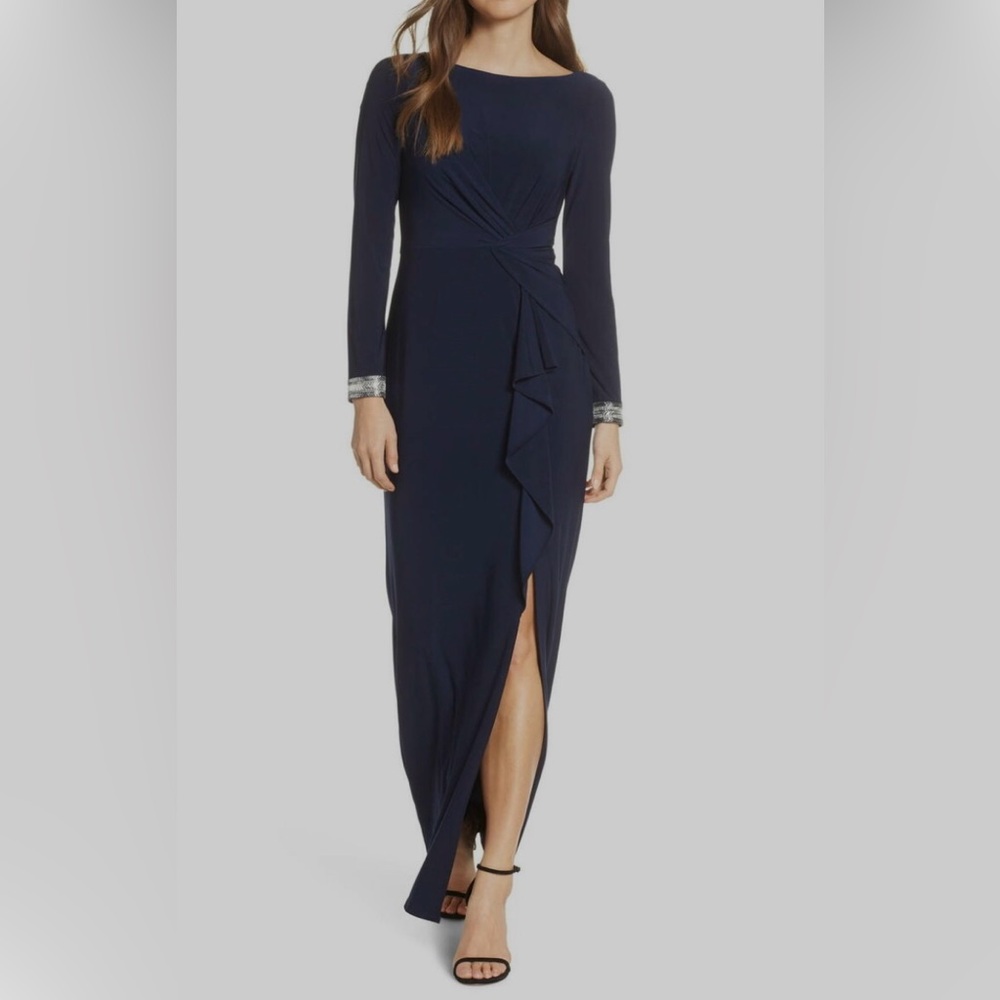 Vince Camuto Women’s beaded cuff ruched jersey dress Navy blue size 12